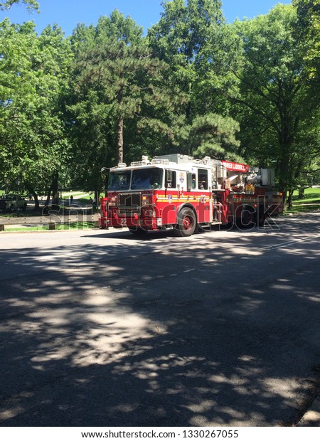 New York City / USA - June 2015: New York\
City Fire truck. FDNY Ladder fire\
truck.
