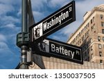New York City - USA - Mar 11 2019: Close-up view of Signs of Battery Place and Washington Street and Maiden Lane in Financial District Lower Manhattan New York City