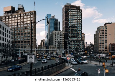 New York City - USA - Mar 19 2019: Heavy Traffic At Rush Hour Of The Entrance Of Holland Tunnel In Tribeca Lower Manhattan