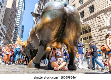 NEW YORK CITY, USA - MARCH 15, 2020: Charging Bull sculpture in New York City, USA