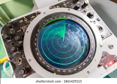 NEW YORK CITY, USA - MARCH 29, 2020: Green Military Radar Screen At  Aircraft Carrier USS Intrepid In New York City, NY, USA