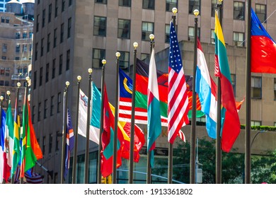 NEW YORK CITY, USA - MARCH 15, 2020: International flags at Rockefeller Center in Manhattan, New York City, USA
