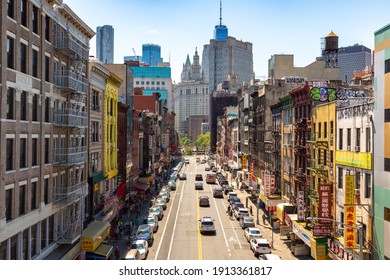 NEW YORK CITY, USA - MARCH 15, 2020: Aerial view of Chinatown in New York City, NY, USA
