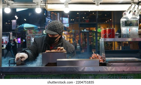 New York City, New York, USA - March 2022: A Night Halal Food Truck At The Times Square, New York City.