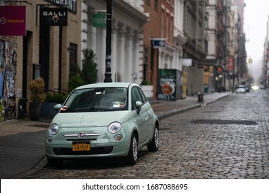 New York City, New York / USA - Match 29 2020:
Single Car Standing On The Parking Spot Parallel Parking On New York Street In Soho Area, Yellow Cab During On New York Streets During Pandemic Outbreak 