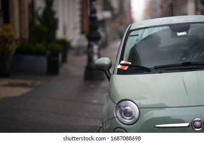 New York City, New York / USA - Match 29 2020:
Single Car Standing On The Parking Spot Parallel Parking On New York Street In Soho Area, Yellow Cab During On New York Streets During Pandemic Outbreak 