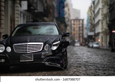 New York City, New York / USA - Match 29 2020:
Single Car Standing On The Parking Spot Parallel Parking On New York Street In Soho Area, Yellow Cab During On New York Streets During Pandemic Outbreak 