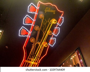 NEW YORK CITY, USA, May 27 2017: A part of reproduction of Gibson's Les Paul Model guitar settled in entrance hall at Hard Rock Cafe in New York City, USA.