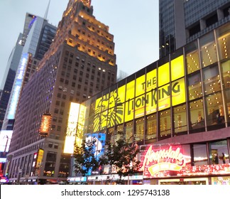 New York City, New York / USA - May 2012: Neon Sign Of The Lion King At Broadway In Downtown New York City