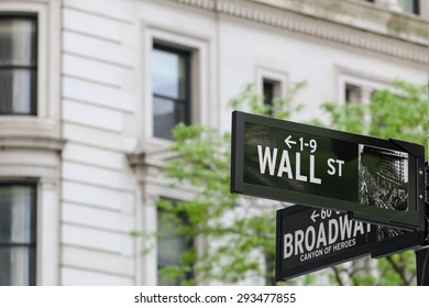 NEW YORK CITY, USA - MAY 19, 2014: Road Sign At The Intersection Of Wall Street / Broadway.