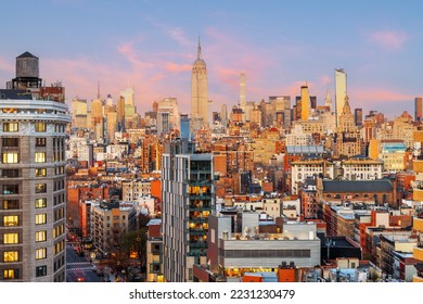 New York City, USA midtown Manhattan skyline at dusk.