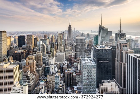 New York City, USA midtown Manhattan financial district skyline.