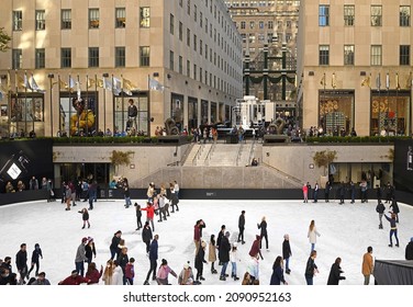 NEW YORK CITY, USA - NOV 6, 2021: Rockefeller Center skating rink before Christmas. New York City