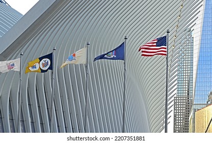 NEW YORK CITY, USA - NOV 17, 2021: Flags Near Oculus, Transportation Hub And Shopping Mall. New York City