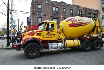 NEW YORK CITY, USA - NOV 12: A Concrete Mixer Truck Drives Along A Brooklyn Street.