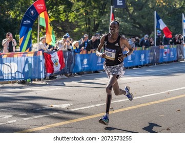 New York City, USA November 7, 2021 - First Place Men's Division 2021 Marathon Runner Albert Korir At Central Park Near Finishline