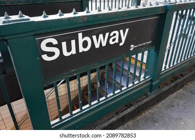 New York City, USA - November 16, 2021: Typical Street Level Entrance To A New York Subway Station.