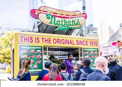 New York City, USA - October 28, 2017: Columbus Circle In Midtown Manhattan NYC, Nathan's Hot Dog Food Truck Stand With Sign, Menu, Line Queue Of People Customers