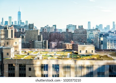 New York City, USA - October 27, 2017: Aerial View Of Urban Cityscape, Skyline, Rooftop Garden Building Skyscrapers In NYC Chelsea West Side