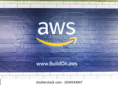 New York City, USA - October 30, 2017: Amazon Web Services AWS Advertisement Ad Sign Closeup In Underground Transit Platform In NYC Subway Station, Wall Tiled, Arrow