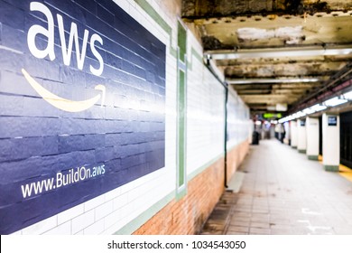 New York City, USA - October 30, 2017: Amazon Web Services AWS Advertisement Ad Sign Closeup In Underground Transit Platform In NYC Subway Station, Wall Tiled, Arrow, Side