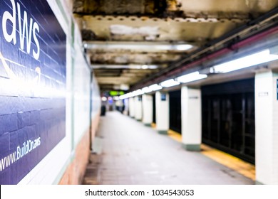 New York City, USA - October 30, 2017: Amazon Web Services AWS Advertisement Ad Sign Closeup In Underground Transit Platform In NYC Subway Station, Wall Tiled, Arrow, Side