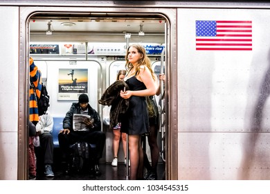 New York City, USA - October 28, 2017: People In Underground Platform Transit In NYC Subway Station On Commute With Train, People Woman In Halloween Costumes With Open Door