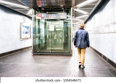 New York City, USA - October 28, 2017: People Man Walking In Underground Transit Hall Corridor Transfer To Broad Street Exit, Elevator In NYC Subway Station, In Downtown