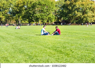 New York City, USA - October 28, 2017: Manhattan NYC Central Park With Couple People Sitting Having Picnic On Great Lawn Grass Meadow In Autumn Fall Season