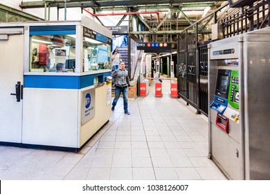 New York City, USA - October 28, 2017: Broadway Columbus Circle Exit Sign In Underground Platform Transit In NYC Subway Station, People Walking, Ticket Metro Card, Metrocard Machine, Booth And Kiosk