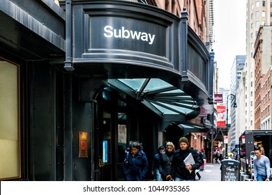 New York City, USA - October 30, 2017: Modern Fulton Street NYC Subway Station In Downtown Exterior Entrance Sign In Manhattan From Broadway St