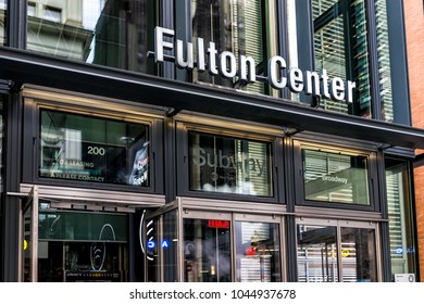 New York City, USA - October 30, 2017: Modern Fulton Street NYC Subway Station In Downtown Exterior Entrance Sign In Manhattan From Broadway St