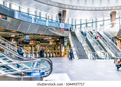 New York City, USA - October 30, 2017: Modern Fulton Street NYC Subway Station In Downtown Interior With Exit Signs, Westfield Wifi In Manhattan