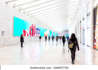 New York City, USA - October 30, 2017: People In The Oculus Transportation Hub At World Trade Center NYC Subway Station, Commute, Walking At Transfer Path Hall, Naked Juice