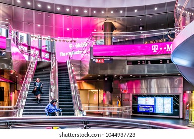 New York City, USA - October 30, 2017: Modern Fulton Street NYC Subway Station In Downtown Interior With Exit Signs, T-Mobile Pink Carrier Sign In Manhattan