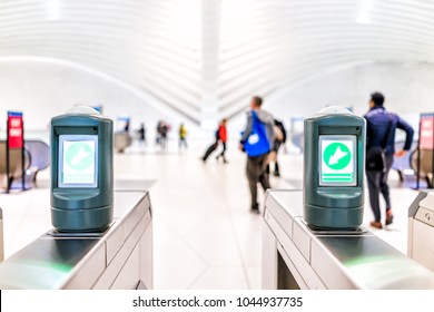 New York City, USA - October 30, 2017: People In The Oculus Transportation Hub At World Trade Center NYC Subway Station, Commute, New Jersey PATH Train Exit Turnstile Machines And Closeup Of Metrocard