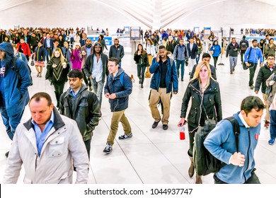 New York City, USA - October 30, 2017: People In The Oculus Transportation Hub At World Trade Center NYC Subway Station, Commute, New Jersey PATH Train, Many Crowded Crowd Exit Machines