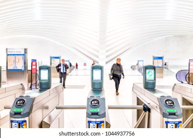 New York City, USA - October 30, 2017: People In The Oculus Transportation Hub At World Trade Center NYC Subway Station, Commute, New Jersey PATH Train Exit Turnstile Machines And Closeup Of Metrocard