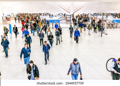 New York City, USA - October 30, 2017: People In The Oculus Transportation Hub At World Trade Center NYC Subway Station, Commute, New Jersey PATH Train, Many Crowded Crowd Exit Machines