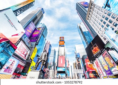 New York City, USA - October 28, 2017: Manhattan NYC Buildings Of Midtown Times Square, Broadway Avenue Road, Duffy Square With Many Crowd People, Skyscrapers Looking Up