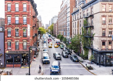 New York City, USA - October 30, 2017: Aerial View Of Modern Chelsea Neighborhood Apartment Buildings And Cars In Traffic On Street Below In New York, Manhattan, NYC