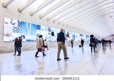 New York City, USA - October 30, 2017: People In The Oculus Transportation Hub At World Trade Center NYC Subway Station, Commute, Walking At Transfer Path Hall