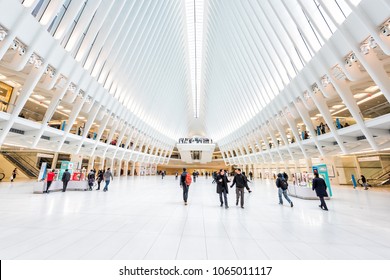 New York City, USA - October 30, 2017: People In The Oculus Transportation Hub At World Trade Center NYC Subway Station, Commute, Walking On Hall Floor