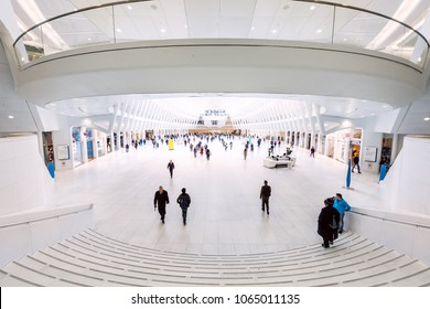 New York City, USA - October 30, 2017: People In The Oculus Transportation Hub At World Trade Center NYC Subway Station, Commute, Platform, Futuristic Symmetry, Spacious Steps, Stairs