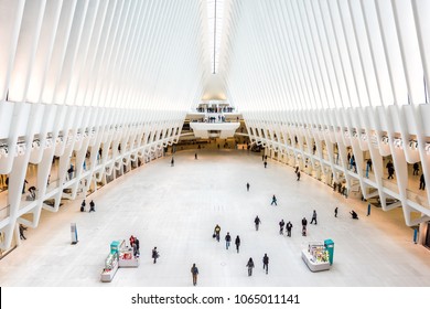 New York City, USA - October 30, 2017: People In The Oculus Transportation Hub At World Trade Center NYC Subway Station, Commute, Platform, Futuristic Symmetry