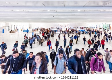 New York City, USA - October 30, 2017: People In The Oculus Transportation Hub At World Trade Center NYC Subway Station, Commute, New Jersey PATH Train, Many Crowded Crowd Exit Machines