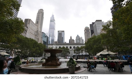 NEW YORK CITY, USA - OCTOBER 9, 2021: Tourist Visiting Bryant Park As New York City Opens Up After COVID Restrictions