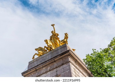 New York City, USA - October 10, 2022: USS Maine Monument, Stone And Bronze Sculpture Erected In Early 20th Century, Located At Merchants' Gate, South-west Gate Of Central Park, Upper Manhattan