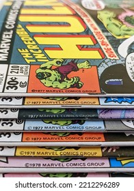 New York City, USA - October 2022: A Stack Of Vintage Incredible Hulk comic Books Sold As Part Of An Old 1970s Marvel Comics Collection