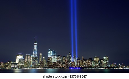 New York City, USA - September 11, 2017: Tribute in Light - Lower Manhattan panorama.